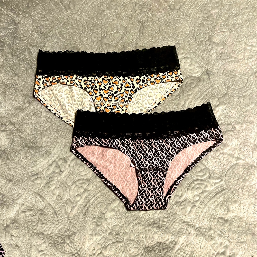 NWT 2 pair Victoria Secret Leopard π Print cotton, lace waist hip huggers Sz M - Picture 5 of 8